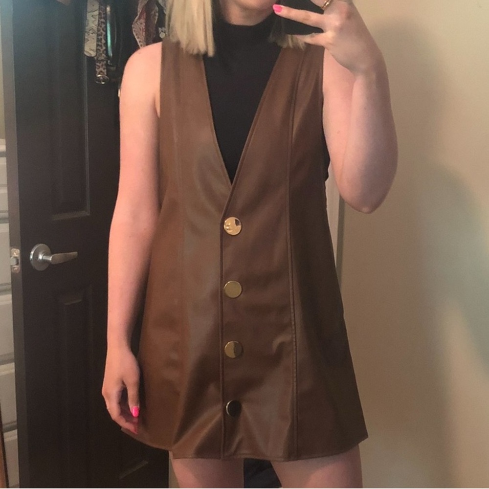 Zara Brown Faux Leather Buttoned Mini Dress